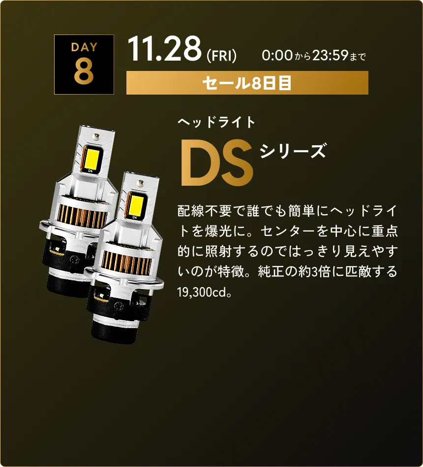 セール第8弾　11.28(FRI)0:00から23:59まで DSシリーズ…配線不要で誰でも簡単にヘッドライトを爆光に。センターを中心に重点的に照射するのではっきり見えやすいのが特徴。純正の約3倍に匹敵する19,300cd。