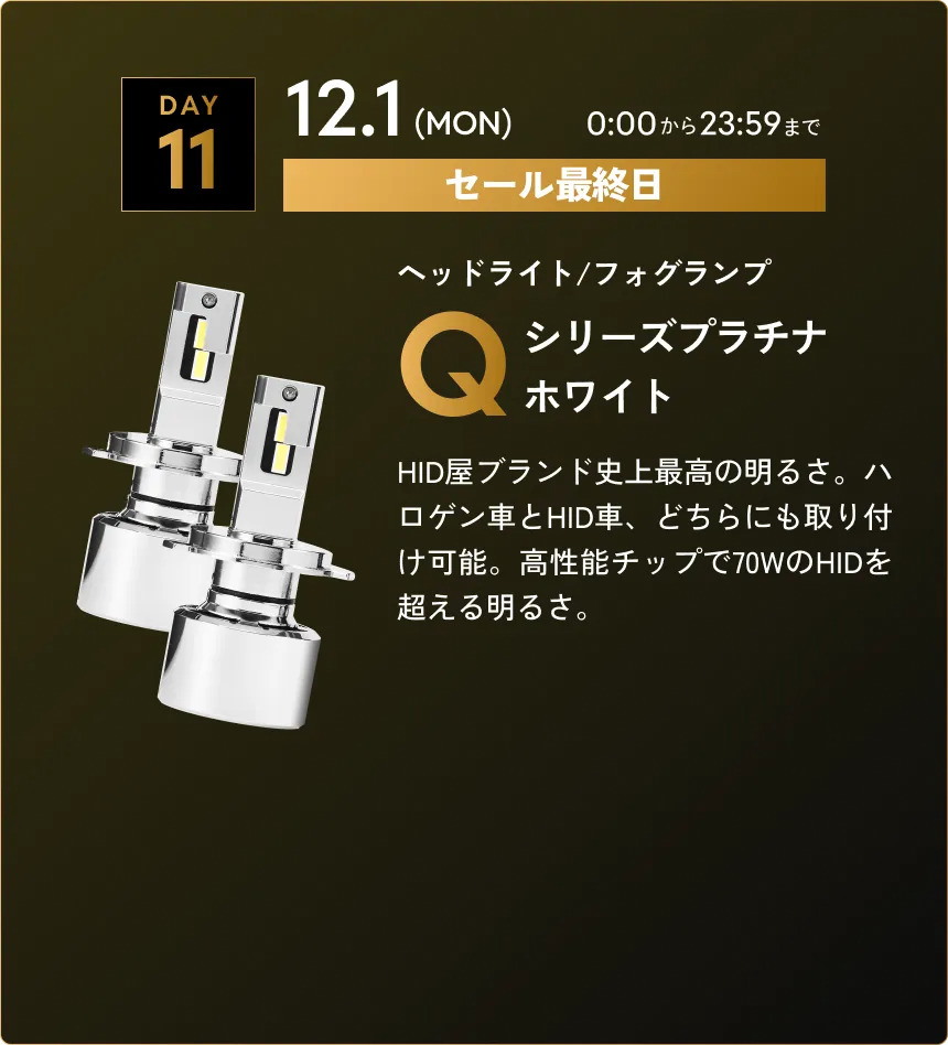 最終日！ セール第11弾　12.01(MON)0:00から23:59まで Qシリーズプラチナホワイト…HID屋ブランド史上最高の明るさ。ハロゲン車とHID車、どちらにも取り付け可能。高性能チップで70WのHIDを超える明るさ。