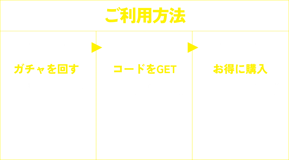 ご利用方法…STEP 1 ガチャを回す / STEP 2 コードをGET / STEP 3 お得に購入
