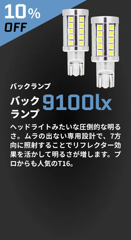 10％OFF バックランプ 9100lx ヘッドライトみたいな圧倒的な明るさ。ムラの出ない専用設計で、7方向に照射することでリフレクター効果を活かして明るさが増します。プロからも人気のT16。