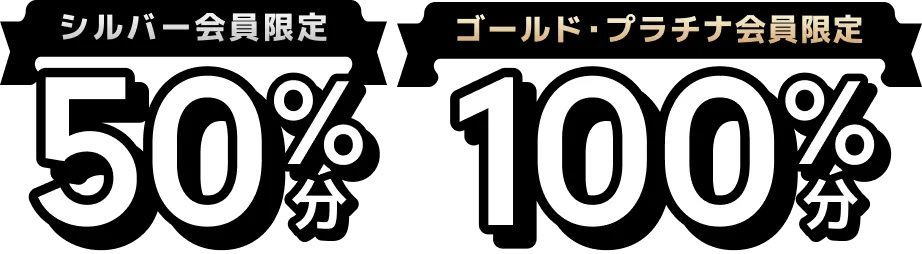 シルバー会員限定50%分ゴールド・プラチナ会員限定100%分ポイントバック