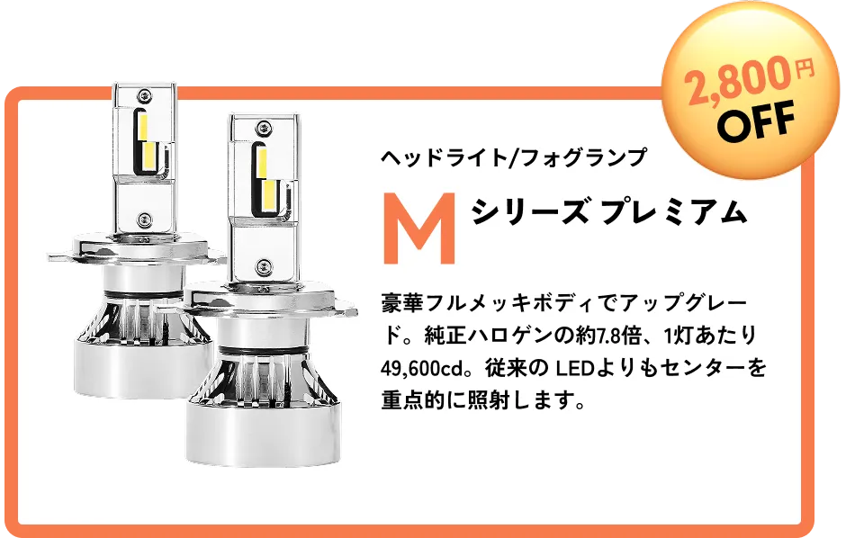 2,800円OFF　ヘッドライト/フォグランプ Mシリーズプレミアム 豪華フルメッキボディでアップグレード。純正ハロゲンの約7.8倍、1灯あたり49,600cd。従来の LEDよりもセンターを重点的に照射します。